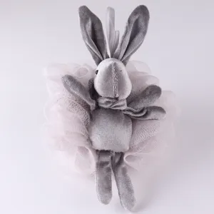 Cute grey plush rabbit bath sponge, soft mesh loofah scrubber for kids and daily body washing.