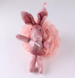 Pink rabbit plush toy bath sponge detail view showing soft texture and net mesh.