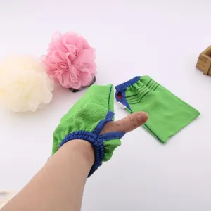 Exfoliating bath glove scrub mitt and soft mesh sponge set for body skin deep cleansing.