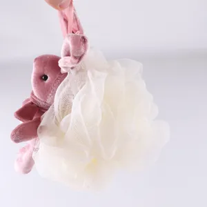 Cute pink bunny plush mesh bath sponge, soft loofah shower ball for kids and women.