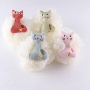 Cute cat plush bath sponge loofah set, soft mesh body scrubber for kids and daily shower.