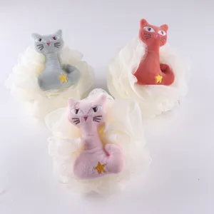 Lindo juego de esponja de baño de malla de peluche de gato, lufa de ducha suave 3pcs
