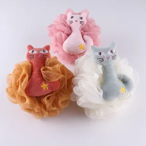 Lindo juego de esponja de baño de felpa de gato para niños, lufa de ducha suave para el cuerpo.