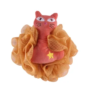 Esponja de baño de gato lindo con peluche suave y malla naranja para ducha corporal.