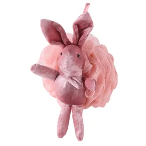 Cute pink bunny plush bath sponge large loofah shower scrubber for kids and girls daily bath.