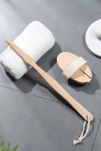 Long handle wooden bath brush and oval massage brush set for body scrubbing and daily shower.