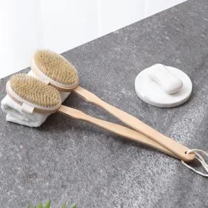 Long handle wooden bath brush with natural boar bristles for daily shower body scrubbing.