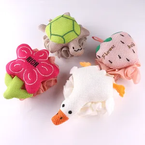 Cute cartoon mesh bath sponge set, turtle flower strawberry duck shower ball for daily body cleaning use.
