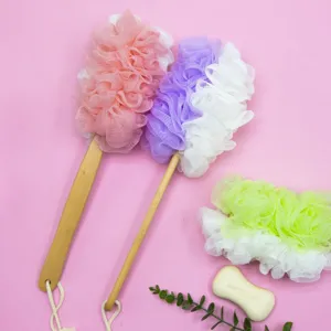 Long Handle Bath Brush With Soft Mesh Pouf Wooden Body Scrubber Exfoliating Back Scrubber For Shower Bathroom Spa