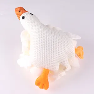 Cute duck bath sponge detail view, soft mesh pouf for shower and body cleaning experience.