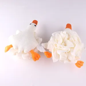 Cute cartoon duck shower sponge loofah, soft mesh bath ball for body washing and rich foaming.