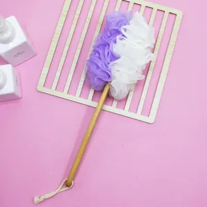 Long handled bath shower brush with wooden handle and mesh back scrubber for body exfoliation.