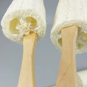 Natürlicher Luffa Duschschwamm mit Holzgriff für Körperpeeling und Badespaß im Badezimmer.