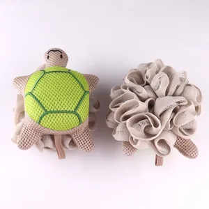 Cute cartoon turtle mesh bath sponge set, soft foaming loofah for body cleaning and shower.