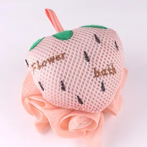 Cute strawberry mesh bath sponge soft exfoliating body shower puff for daily bathing cleaning