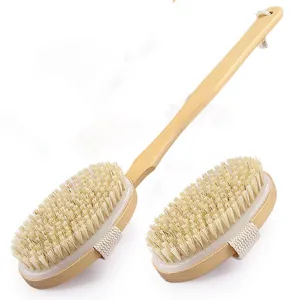 Natural Wood Bath Brush With Boar Bristles Long Handle Detachable Body Scrub Exfoliating Massage Brush For Bathroom