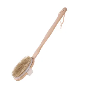 Long handle wooden bath brush with natural bristles, ideal for body massage and back scrubbing.