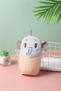 Cute cartoon elephant kids bath glove detail view, soft double-sided towel for skin cleaning.