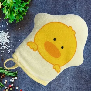 Guante de baño con pato dibujos animados detalle, esponja de ducha suave para niños.