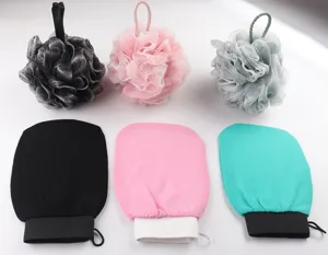 Exfoliating bath sponge set and body scrubbing mitts, soft mesh pouf for daily shower cleaning.