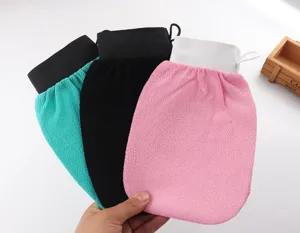 Exfoliating bath mitt shower glove body scrub sponge washcloth with wide mouth and hanging strap.
