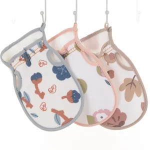 Double-sided exfoliating bath gloves set with floral prints for daily body cleaning.
