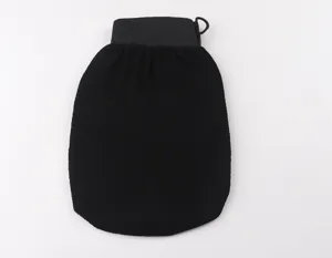 Black exfoliating bath glove with elastic wide cuff and hanging loop, soft and durable texture.