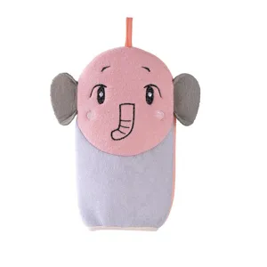 Cute cartoon elephant bath glove main image showing front view of children soft bath towel scrubber.