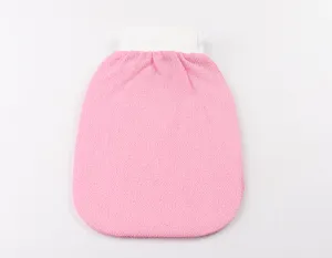 Exfoliating bath mitt detail view, showing the pink textured body and white elastic hanging cuff.
