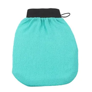 Exfoliating bath mitt scrubber turquoise shower glove with elastic wrist band and hanging loop