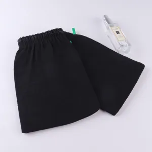 Black exfoliating bath mitt set, single layer linen scrubber gloves for deep body cleansing.
