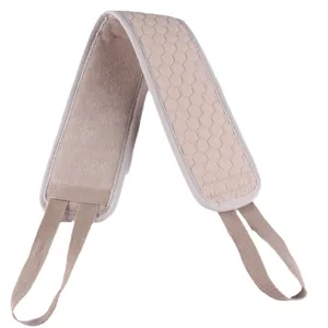 Double-sided back scrubbing strap with textured surface and convenient handles for shower use.