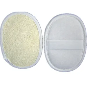 Natural loofah bath sponge exfoliating body scrubber pad with elastic hand strap detail