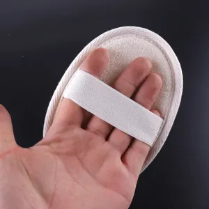 Natural loofah bath sponge exfoliating body scrubber pad with elastic hand strap for daily use.