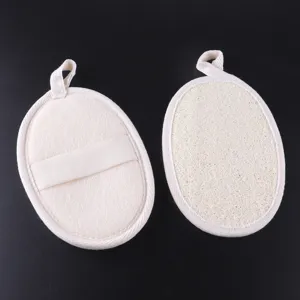 Natural loofah bath sponge pad with elastic strap, exfoliating body scrubber for daily shower.