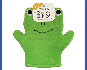 Cute green frog shaped bath mitt for kids, soft fabric washing glove for fun daily bath time care