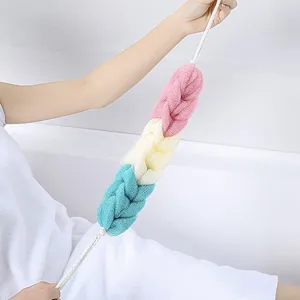 Colorful braided mesh long shower sponge body scrubber with hanging ropes for bathroom bath use.