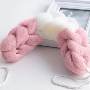 Pink and white braided long mesh bath sponge for body scrubbing, soft exfoliating shower loofah.