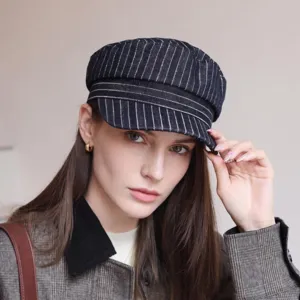 French Retro Striped Flat Cap Men Women Large Head Circumference Ivy Hat Curved Brim Casual Visor Hat Fashion Cap