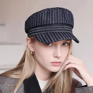 Classic pinstripe cadet cap for women, stylish denim look newsboy hat with curved brim.