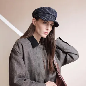 Chic pinstripe newsboy cap for women, stylish French riding hat, elegant retro daily wear accessory.