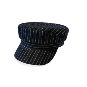 Classic pinstripe cadet cap for women, stylish flat top military hat with curved brim, black.
