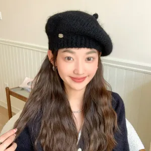 Women black knitted beret hat autumn winter stylish warm French painter hat chic headwear