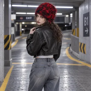 Retro red black knitted beanie hat punk hairy winter warm skull cap for couple