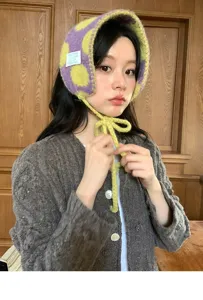 Mujer otoño invierno gorro de punto de lunares con cinta bonito cálido protección oídos.