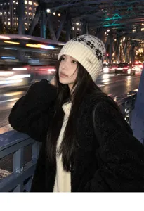 Cozy 100% wool knit beanie with Nordic Fair Isle pattern, stylish winter warm cap.