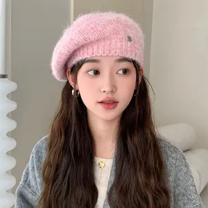 Pink knit beret hat detail, cozy wool texture and stylish metal rivet for autumn winter wear.