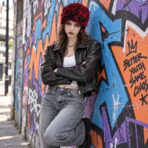 Detailed view of the edgy red and black knitted beanie, showcasing textured style.
