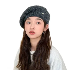 Dark grey knitted beret for women, warm winter fashion casual wool blend hat with elegant style.