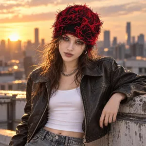 Detailed view of a stylish black and red shaggy knit beanie, perfect for winter streetwear.